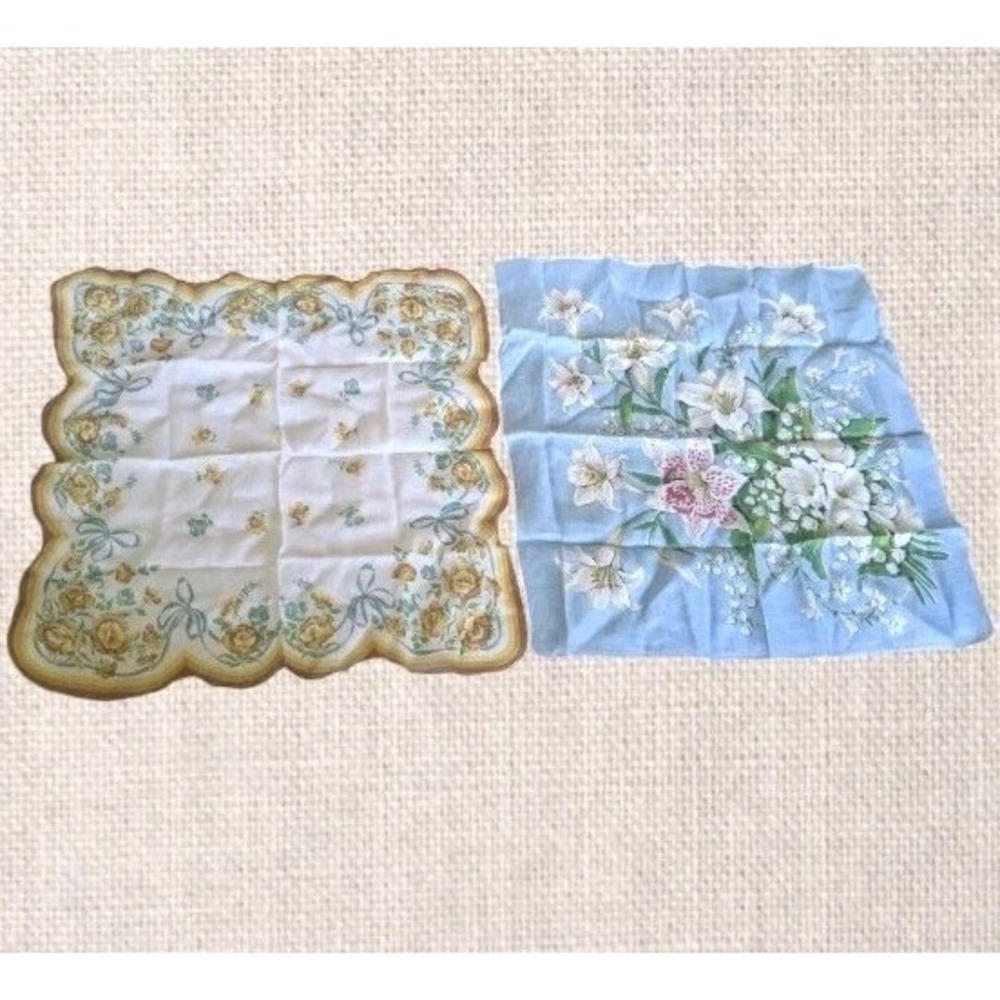 2 Large Hankies Lily Of The Valley Floral Ribbons Handkerchief Scalloped Vtg 15"